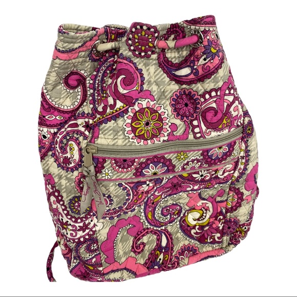 Vera Bradley Handbags - Vera Bradley Paisley Meets Plaid Pink Floral & Grey Drawstring Backpack Satchel